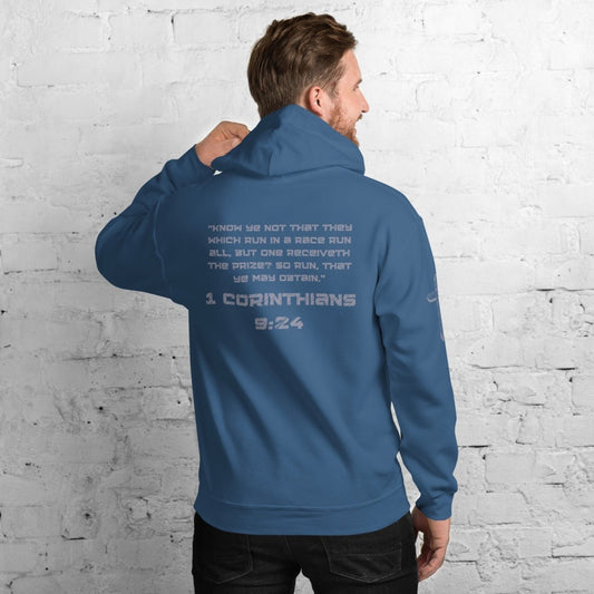 Man wearing Truth Matters Run the Race 1 Corinthians 9:24 Hoodie back with full KJV verse