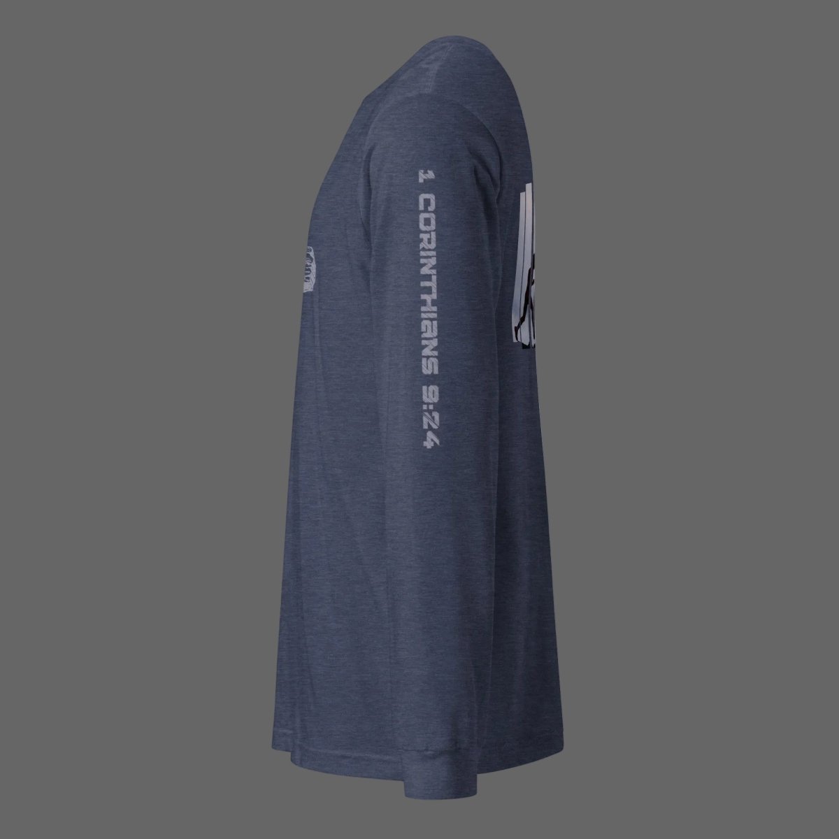 Sleeve of Truth Matters Run the Race long sleeve tee in Heather Navy with 1 Corinthians 9:24 reference down the arm