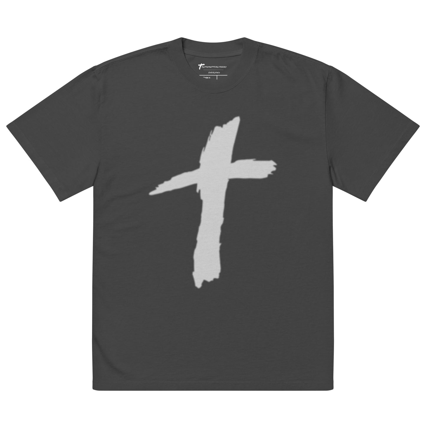 Truth Matters Your Faith design on back with front large cross on an oversized faded black t-shirt