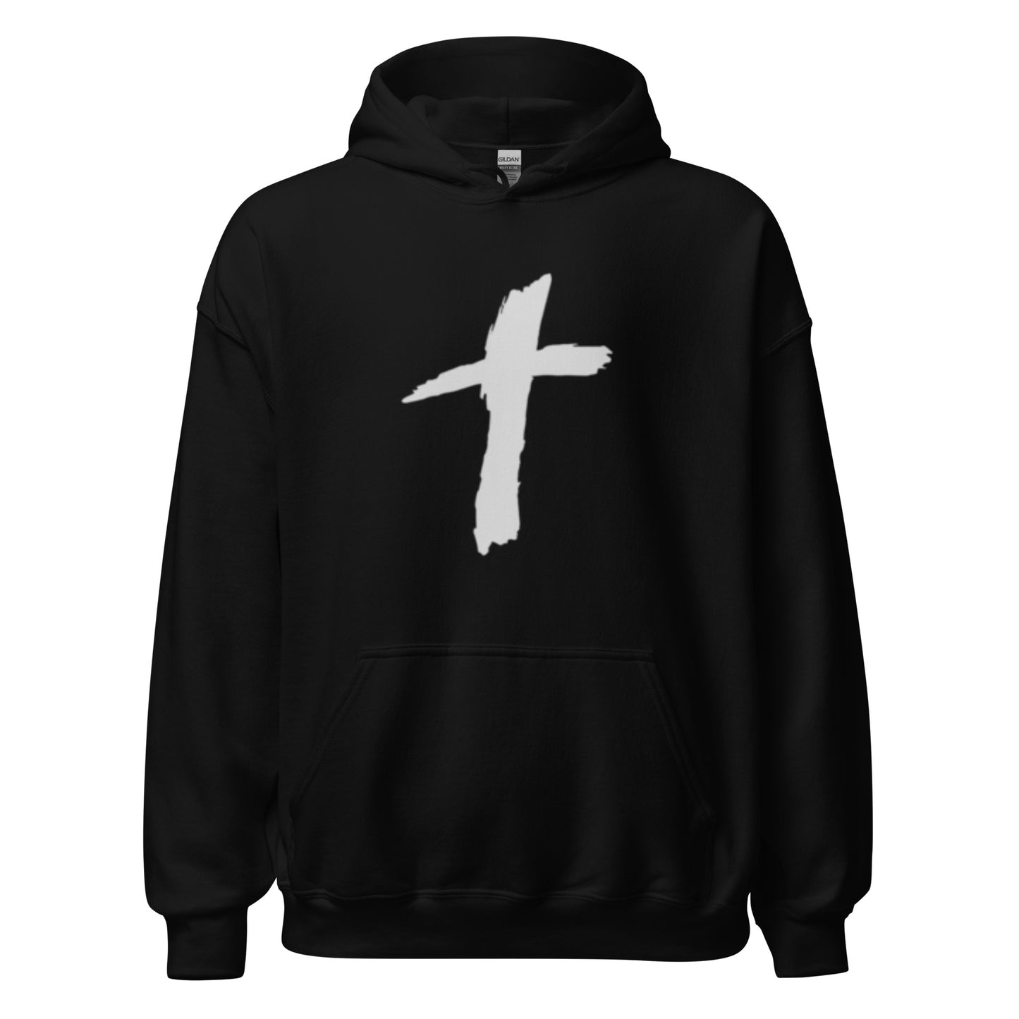 Front view of Truth Matters’ Faith Hoodie with a cross design on soft cotton-poly blend.