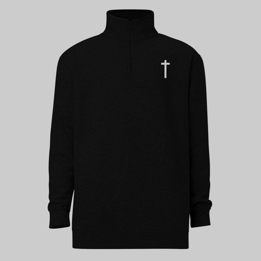 Front view of Elevate Christian quarter-zip pullover in black with small cross embroidery on the upper right pocket area