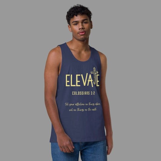 Man wearing the Elevate Tank Top in Harbor Blue with Colossians 3:2 KJV design — relaxed fit Christian tank top for workouts and everyday wear