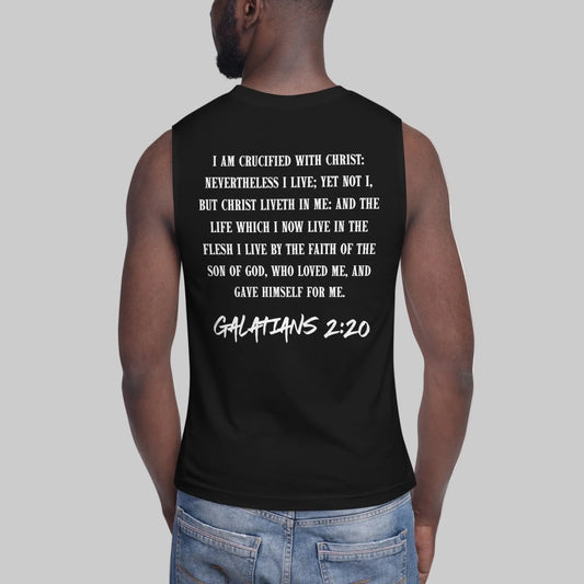 Man wearing black sleeveless tank top with full Galatians 2:20 KJV Bible verse printed on the back