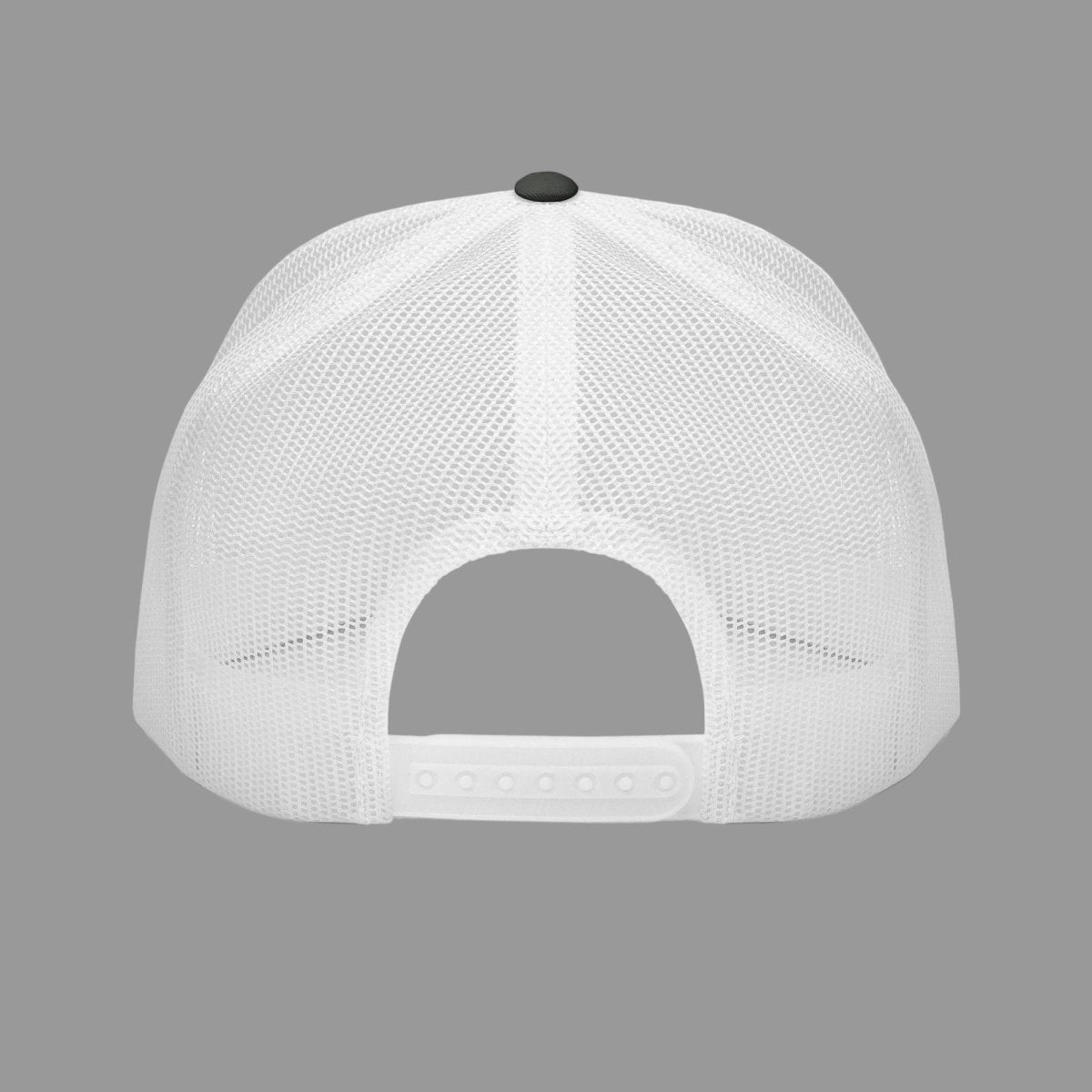 Back view of charcoal and white Hebrews 13:8 trucker cap with breathable white mesh and adjustable snapback closure.