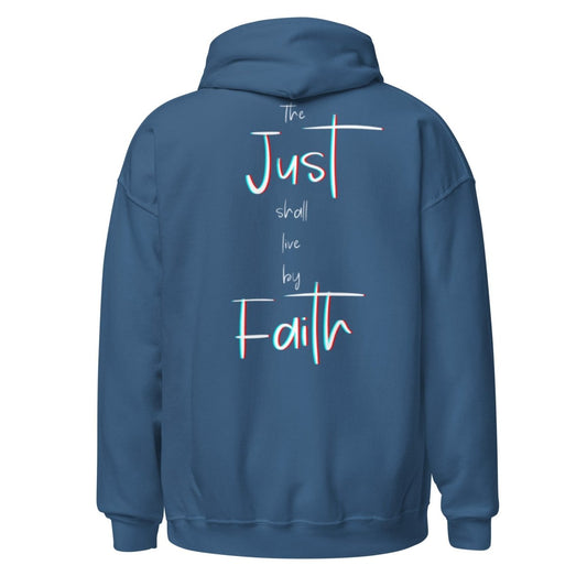 Justified Romans 1:17 Hoodie in Indigo Blue - Back View "The Just Shall Live By Faith" Spine Design
