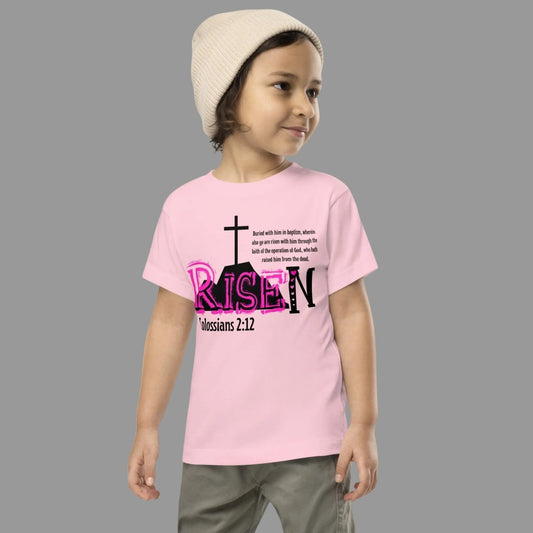 Front of RISEN Colossians 2:12 toddler t-shirt, pink black hearts mountain cross design, Christian baptism kids tee