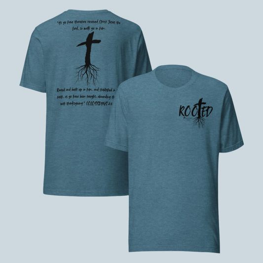 Front and back view of Rooted Christian t-shirt in deep teal with cross and tree roots design and Colossians 2:6-7 scripture.