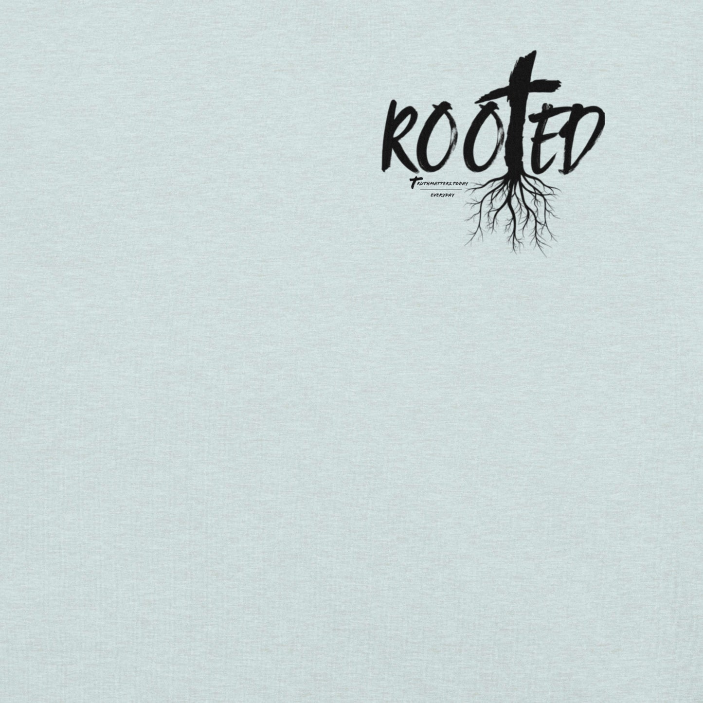 Front of Rooted Christian t-shirt in heather ice blue with cross and tree roots design and Colossians 2:6-7 scripture.