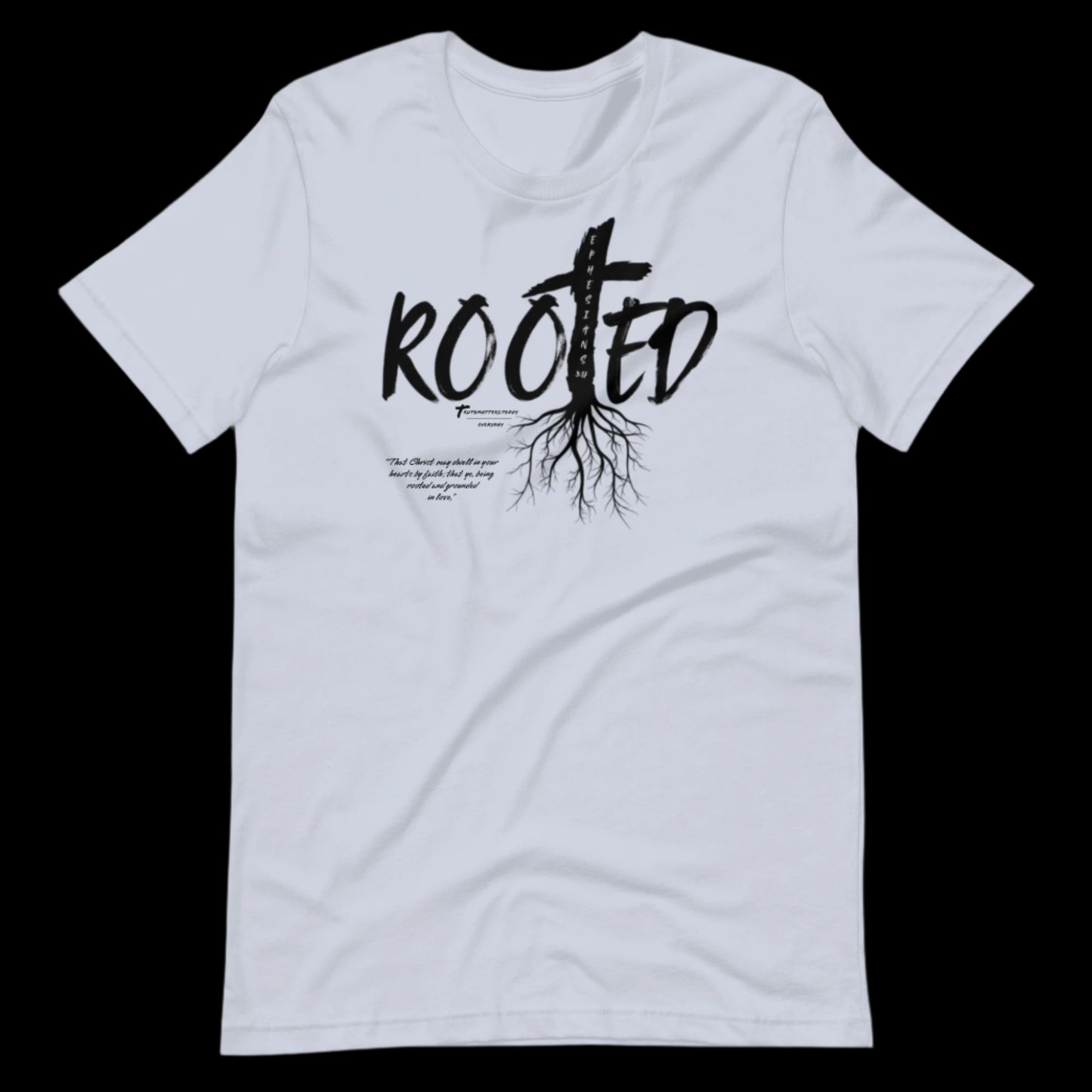 Rooted Christian t-shirt in light blue with tree design and Ephesians 3:17 scripture.