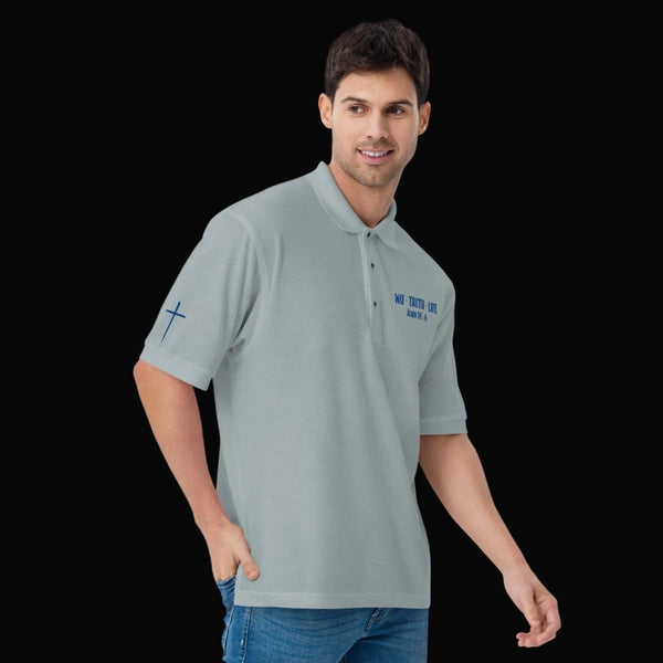 Man wearing John 14:6 “I am the Way, the Truth, and the Life” embroidered Christian polo shirt –comfortable KJV faith apparel