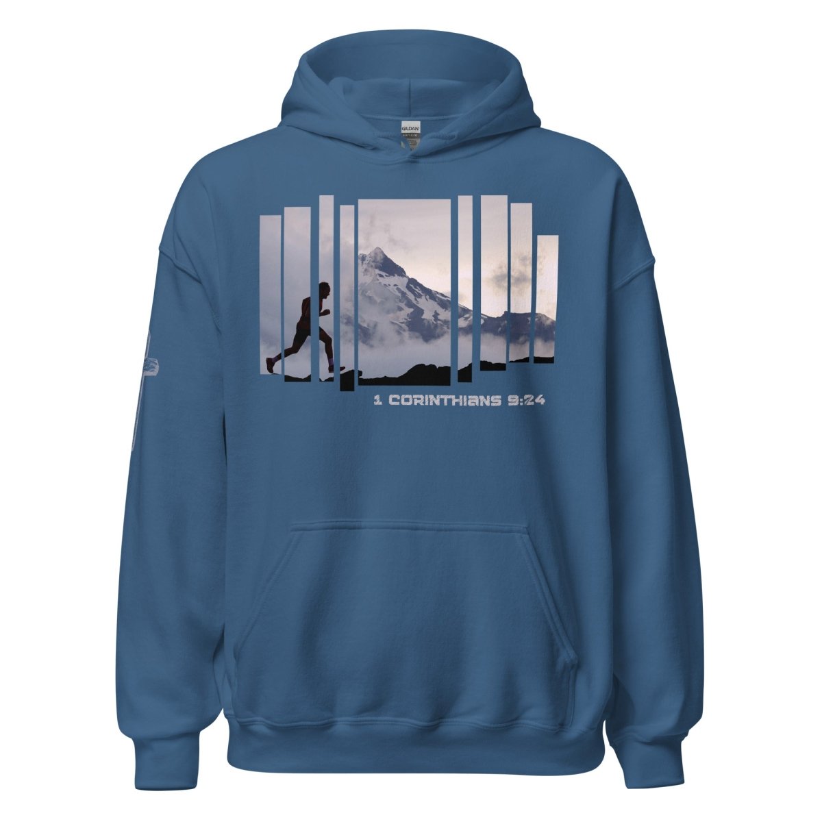 Truth Matters Run the Race 1 Corinthians 9:24 Hoodie front with runner image and Smoky Mountain