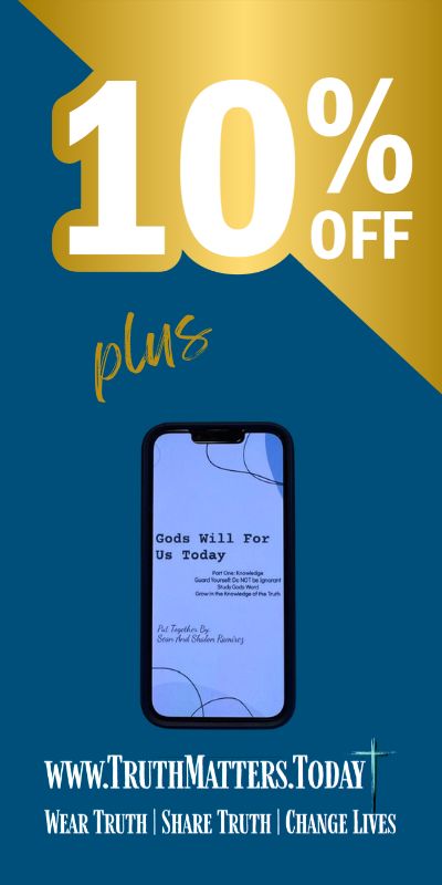 Promotional banner with 10% off offer, plus phone displaying the free Bible Study guide ebook from Truth Matters Today join the community reward. 