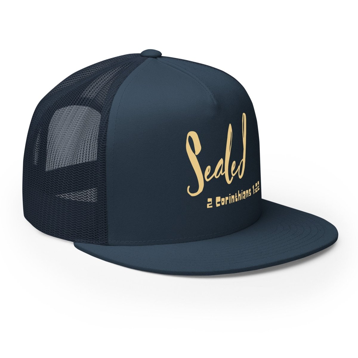 Sideview of 5 panel trucker hat with sealed 2 corinthians 1:22 printed on it. 