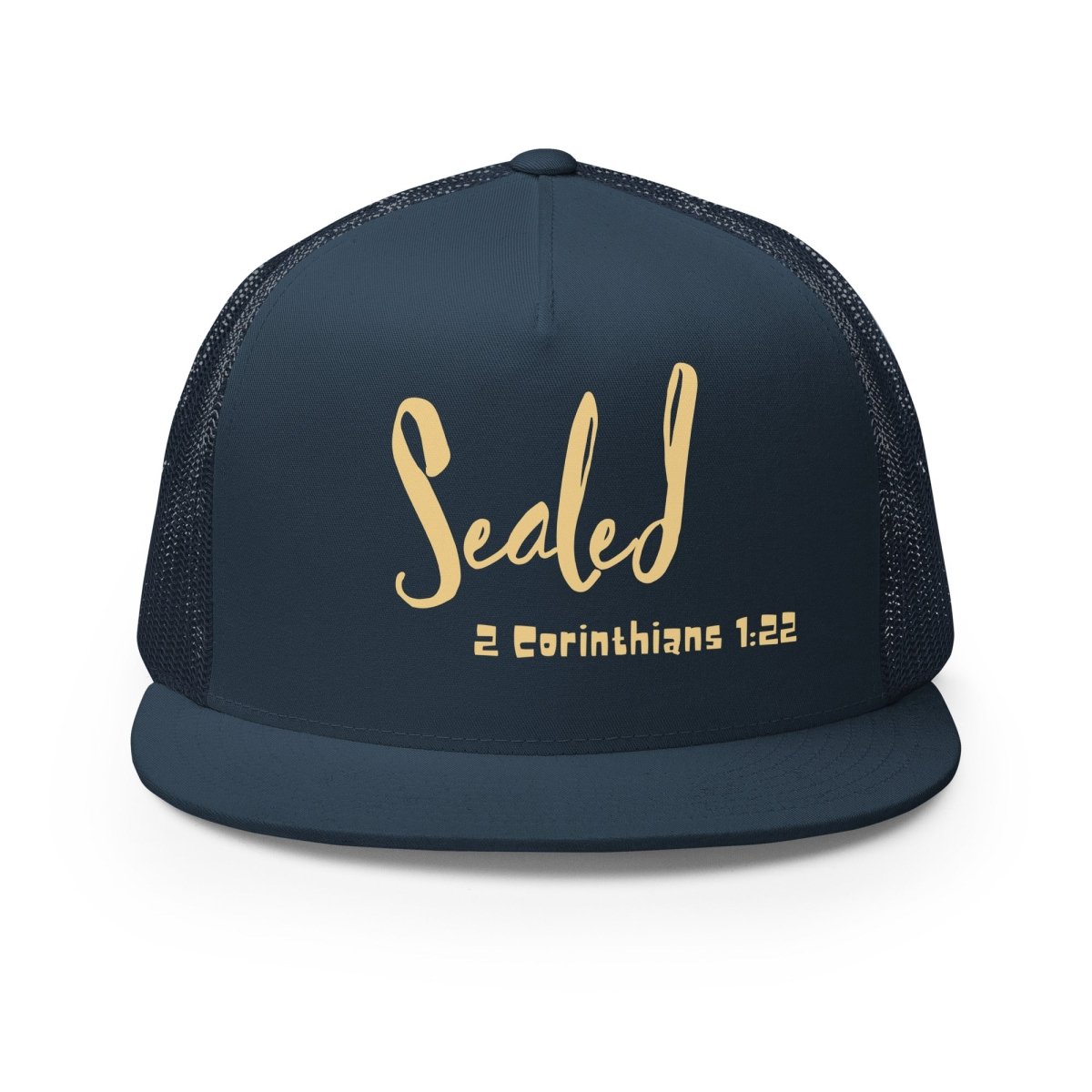 Navy blue cap with gold text 'Sealed 2 Corinthians 1:22'