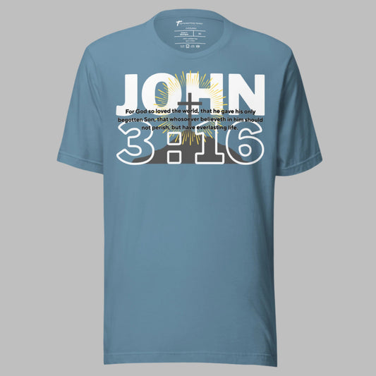 Truth Matters’ John 3:16 T-Shirt front with bold verse and radiating cross on soft cotton in blue.