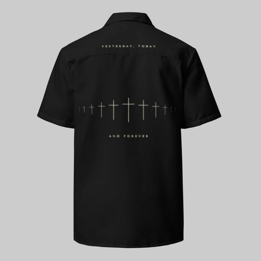 Back of Truth Matters Hebrews 13:8 button shirt in black, Yesterday Today and Forever text with soundwave row of crosses