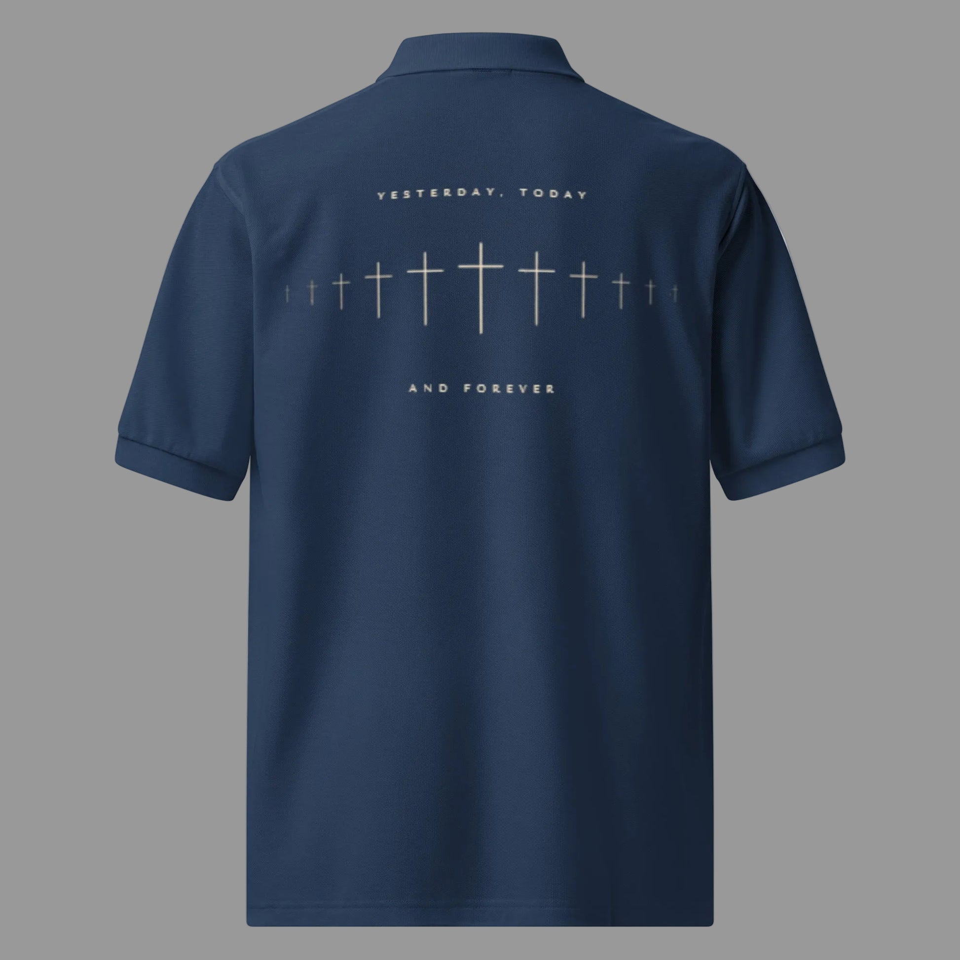 Back of Truth Matters Hebrews 13:8 polo in navy, Yesterday Today and Forever text with soundwave row of crosses