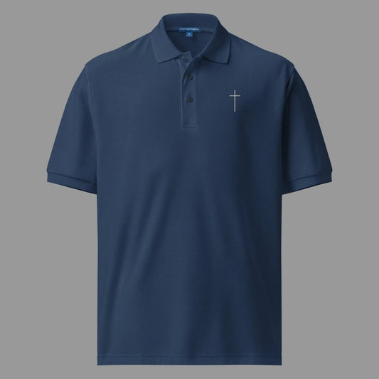 Front of Truth Matters Hebrews 13:8 polo in navy, small cross stitched on the left chest