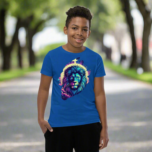 Truth Matters’ I Am a Child of God Youth T-Shirt with colorful lion on front and faith list on back in Royal Blue.