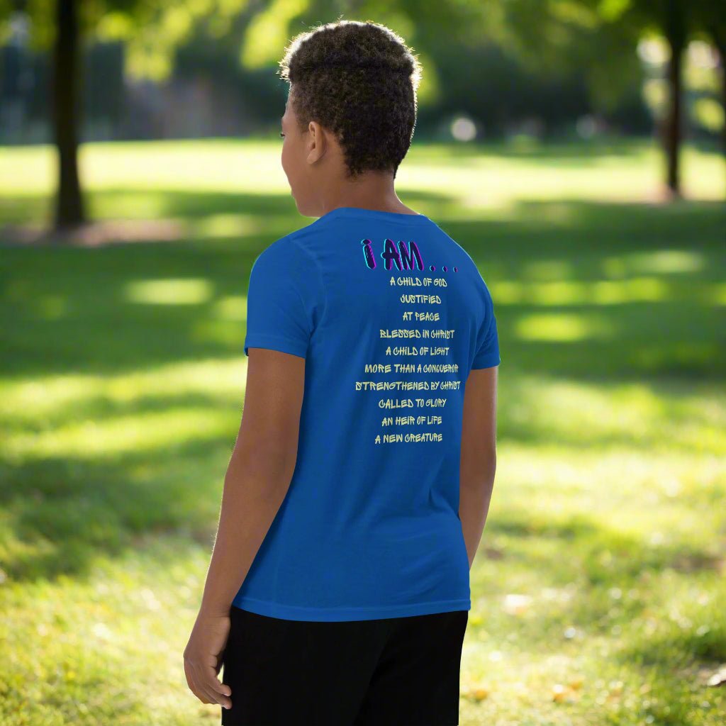 Truth Matters’ I Am a Child of God Youth T-Shirt with colorful lion on front and faith list on back in blue.