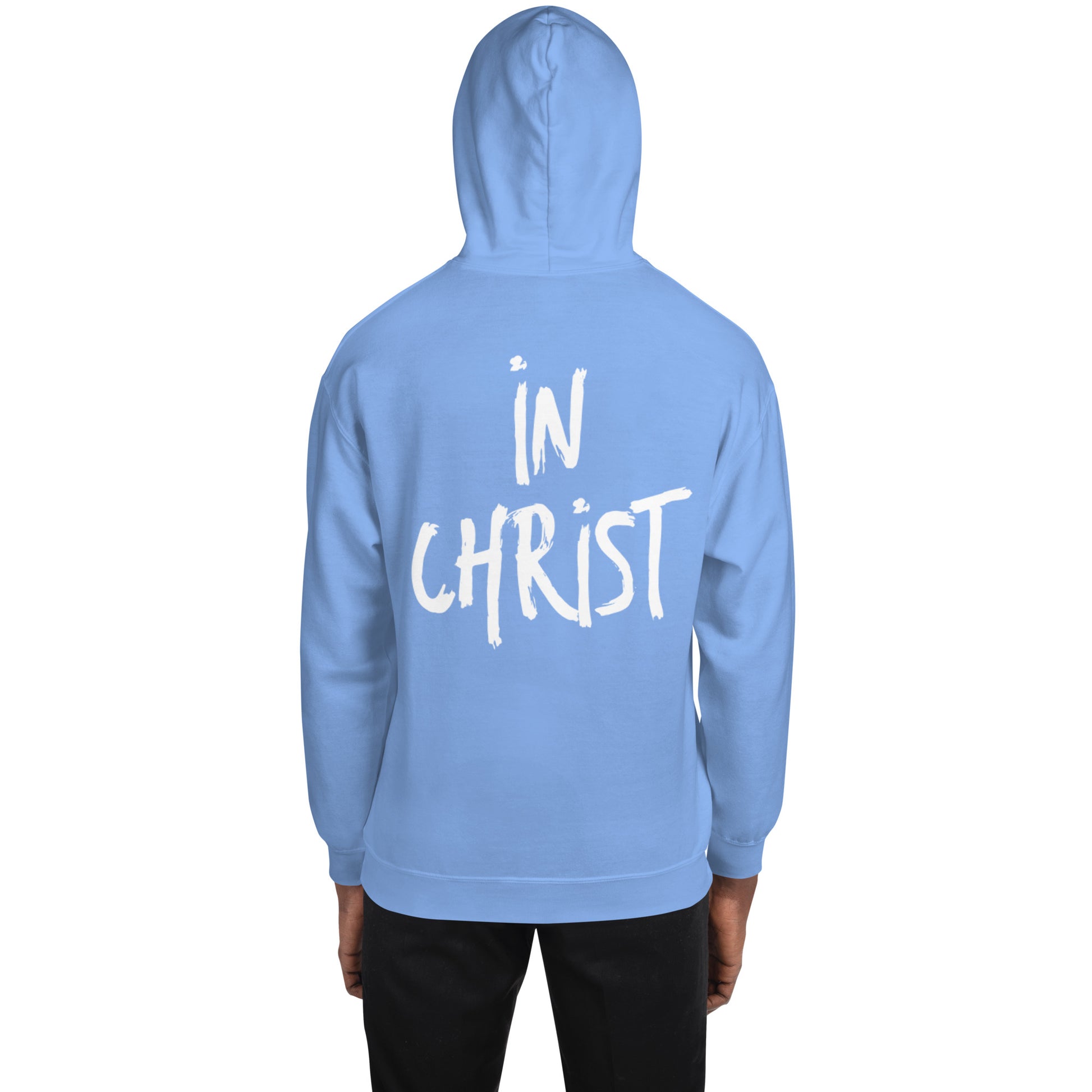 Truth Matters’ In Christ Hoodie front with logo, back with bold ‘In Christ’ on cozy cotton-poly in Carolina Blue.