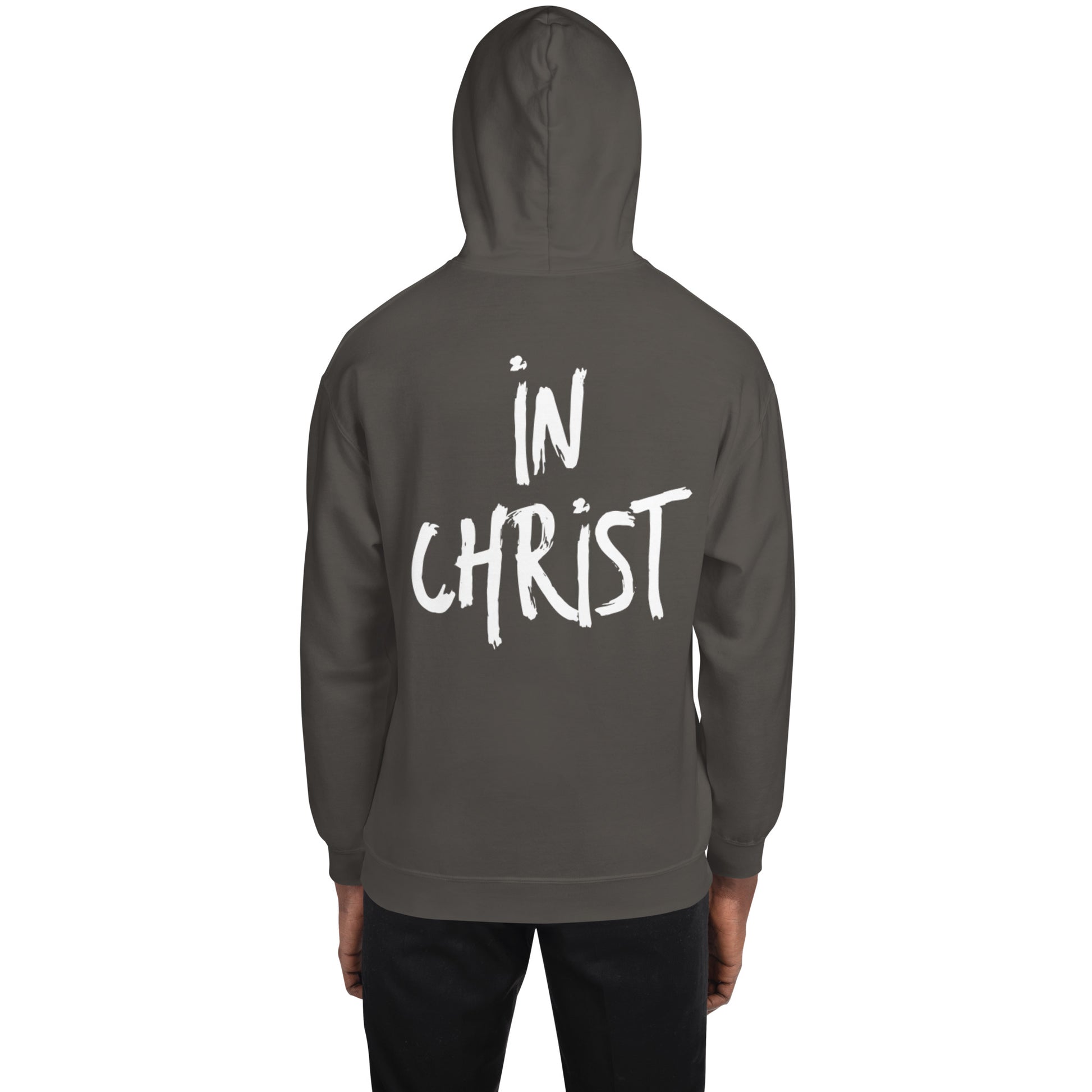 Truth Matters’ In Christ Hoodie front with logo, back with bold ‘In Christ’ on cozy cotton-poly in charcoal.