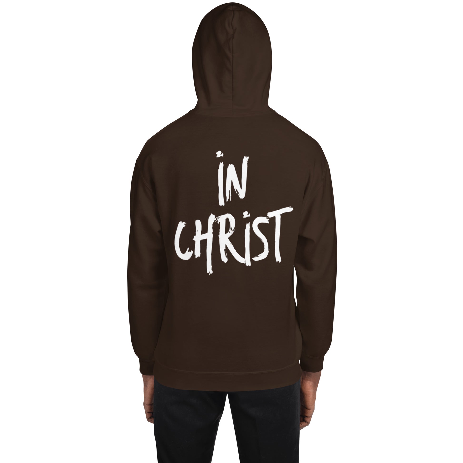 Truth Matters’ In Christ Hoodie front with logo, back with bold ‘In Christ’ on cozy cotton-poly in dark chocolate.