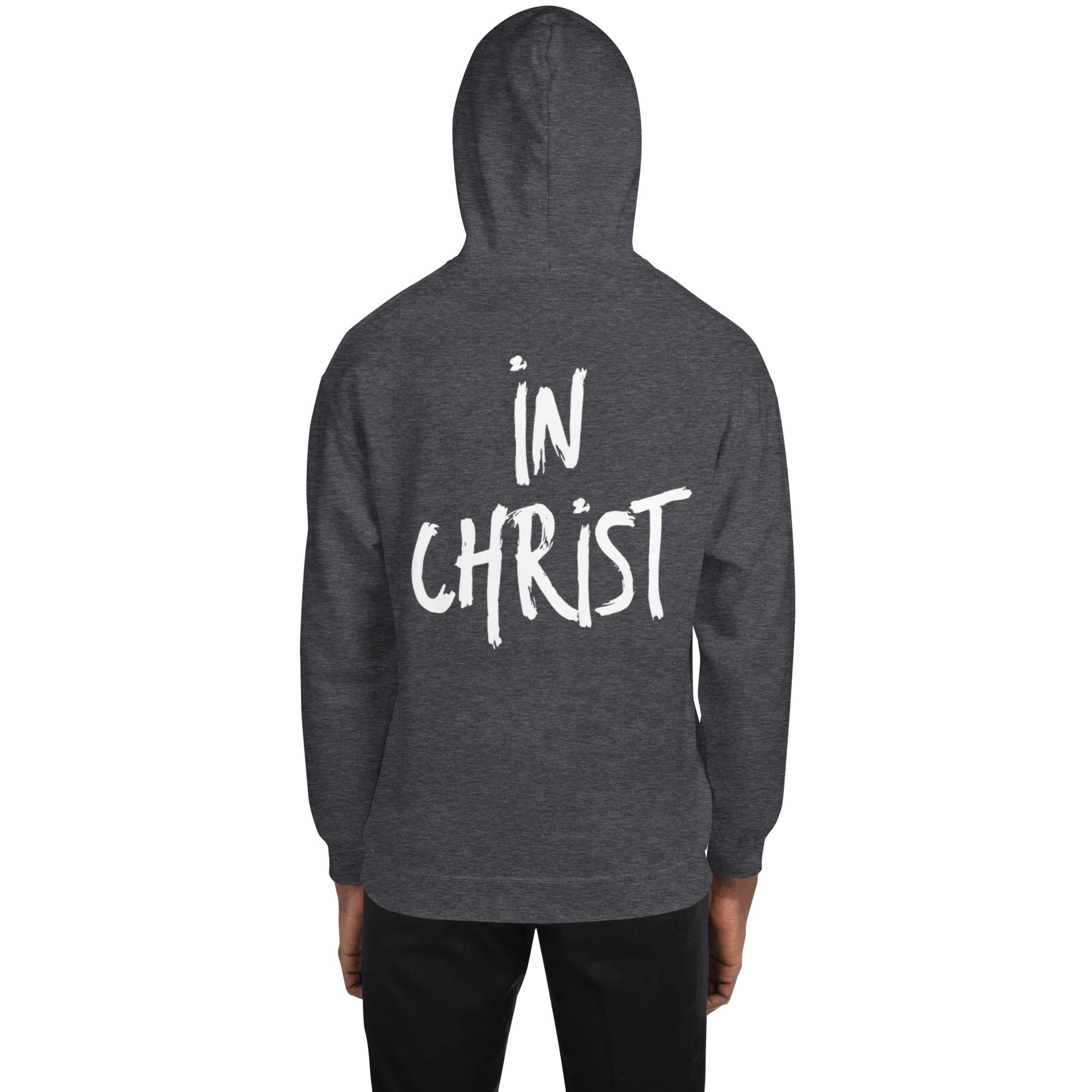 Truth Matters’ In Christ Hoodie front with logo, back with bold ‘In Christ’ on cozy cotton-poly in dark heather gray.