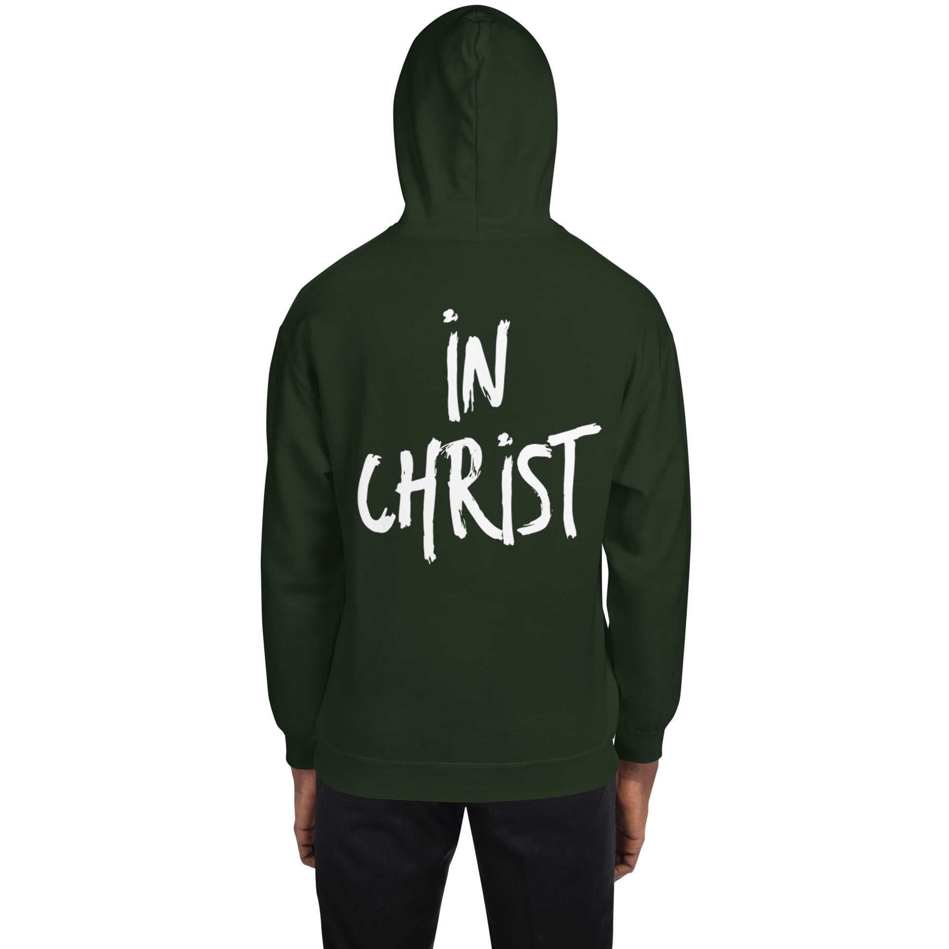 Truth Matters’ In Christ Hoodie front with logo, back with bold ‘In Christ’ on cozy cotton-poly in forest green.