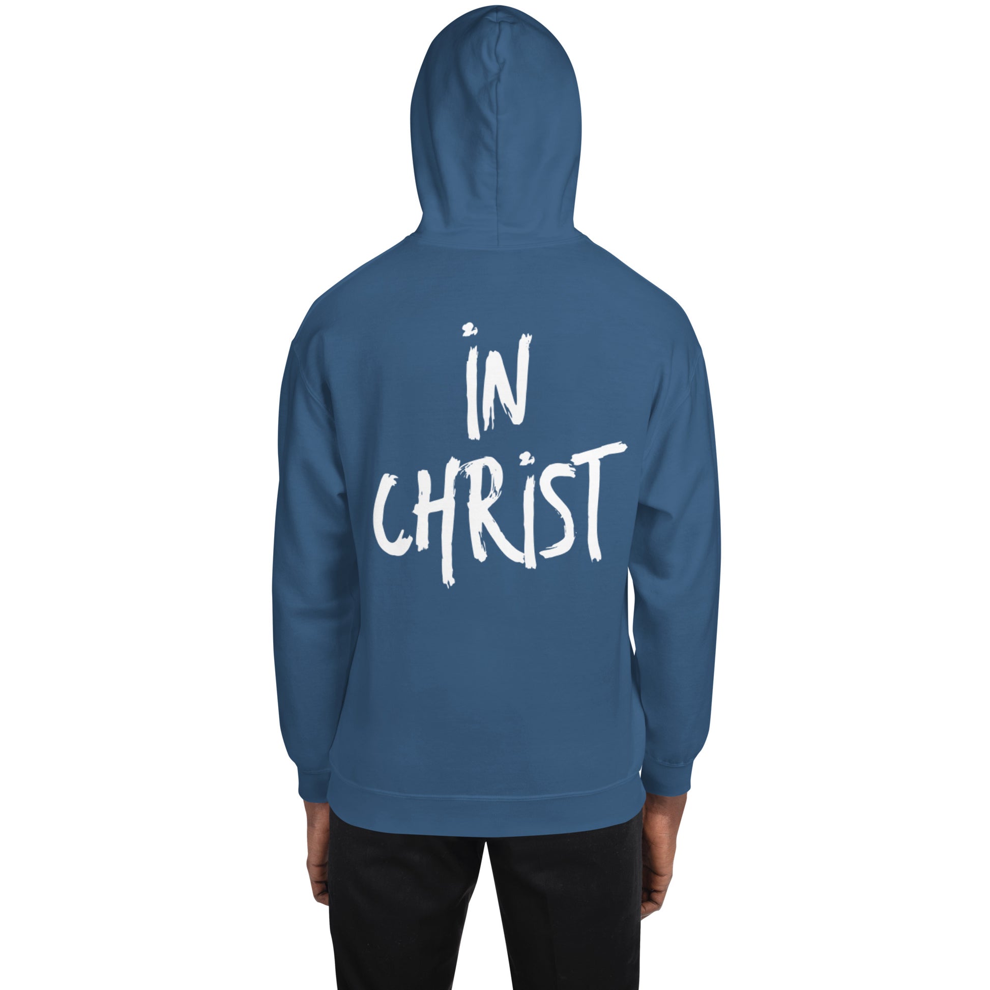 Truth Matters’ In Christ Hoodie front with logo, back with bold ‘In Christ’ on cozy cotton-poly in indigo blue.