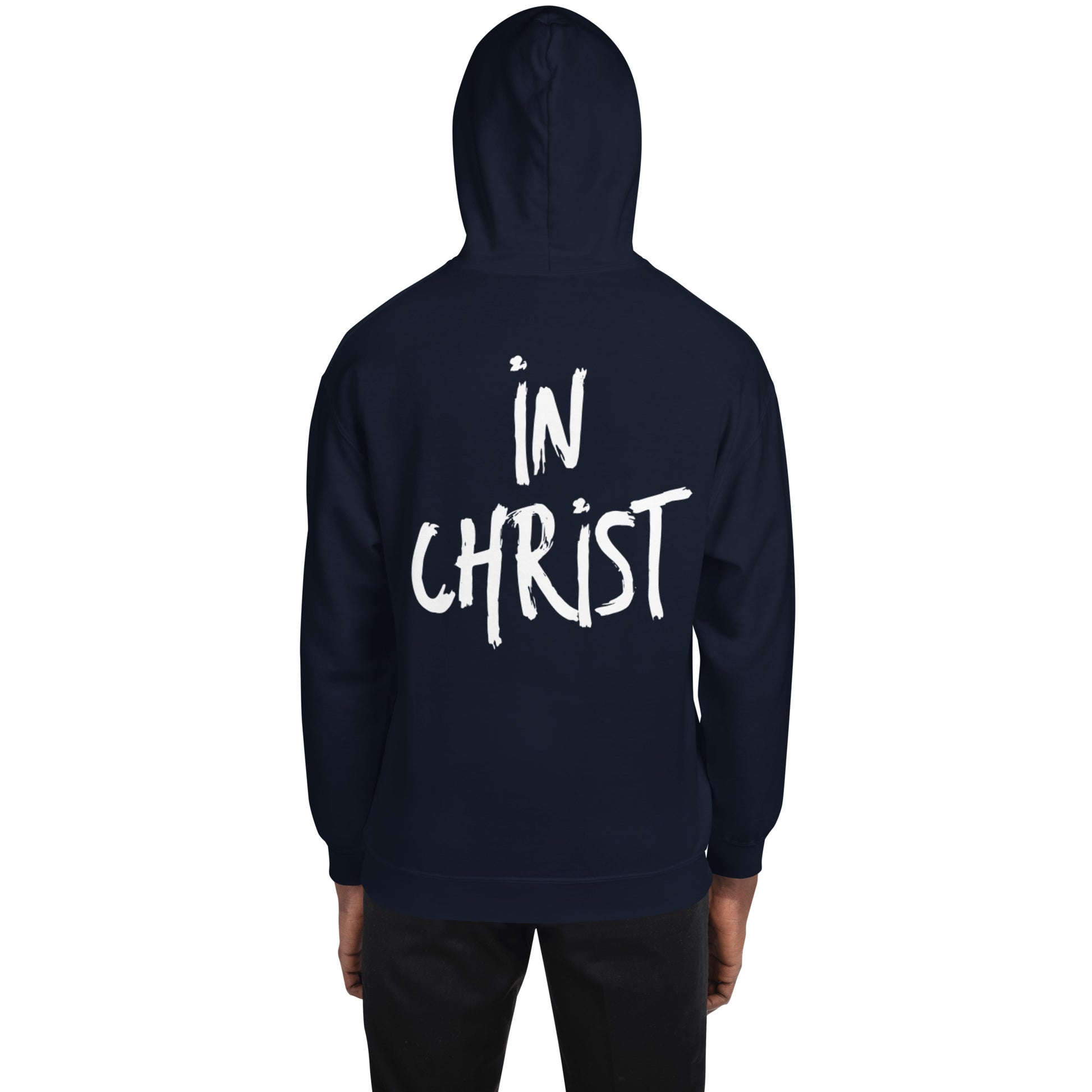 Truth Matters’ In Christ Hoodie front with logo, back with bold ‘In Christ’ on cozy cotton-poly in navy.