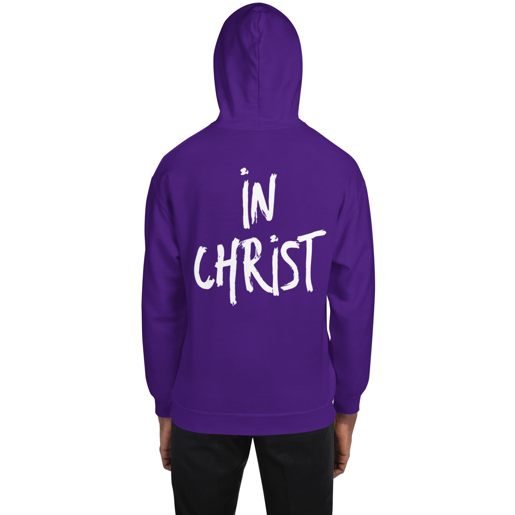 Truth Matters’ In Christ Hoodie front with logo, back with bold ‘In Christ’ on cozy cotton-poly in purple.