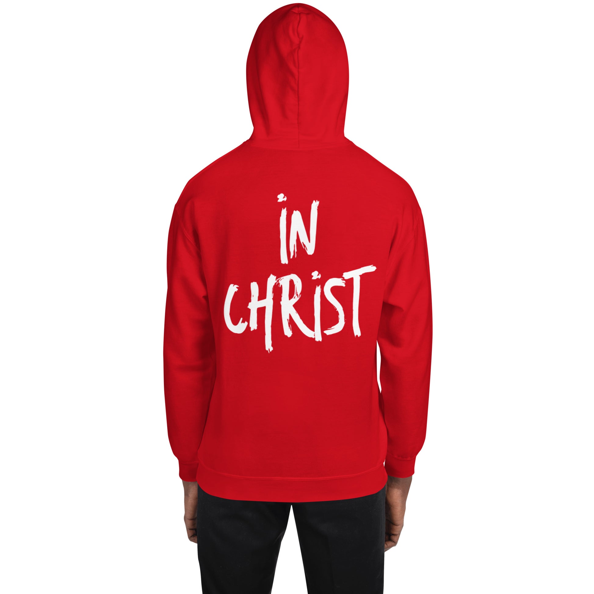 Truth Matters’ In Christ Hoodie front with logo, back with bold ‘In Christ’ on cozy cotton-poly in red.