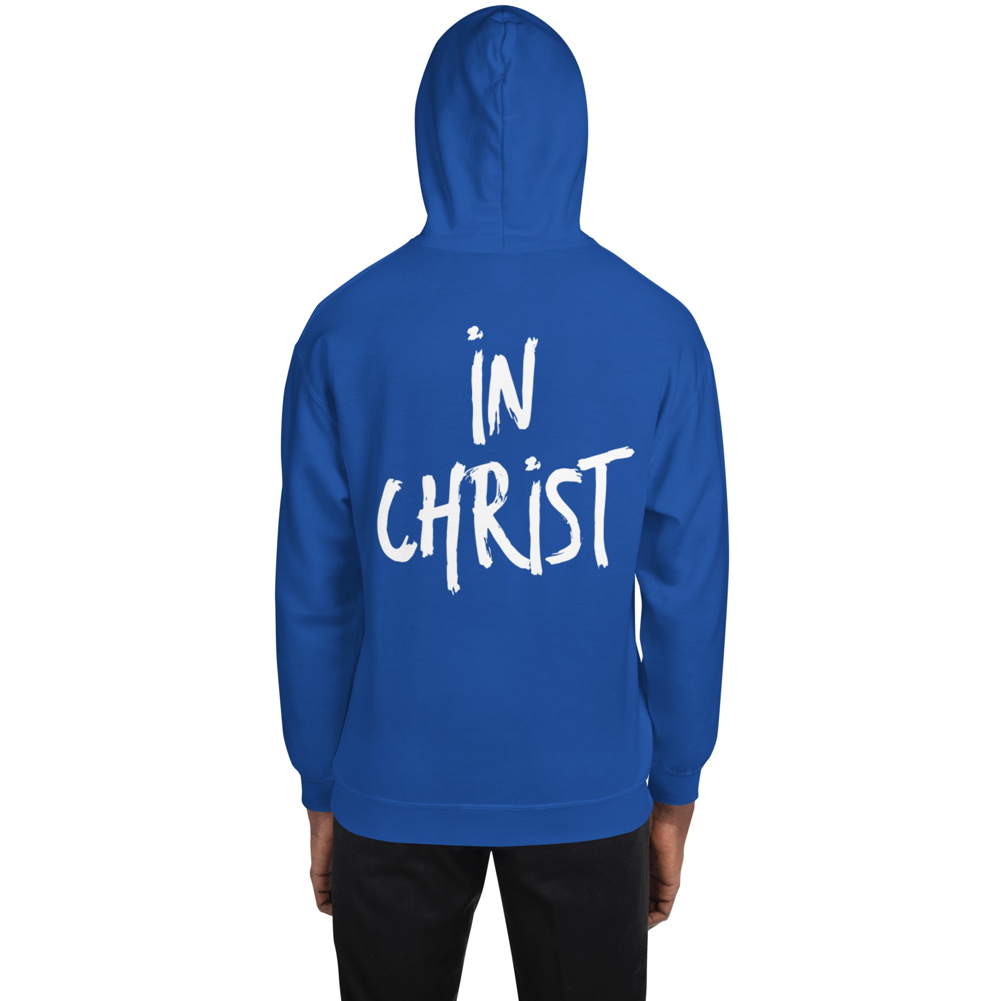 Truth Matters’ In Christ Hoodie front with logo, back with bold ‘In Christ’ on cozy cotton-poly in royal blue.
