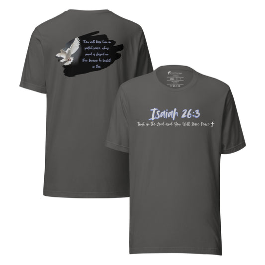 Truth Matters’ Isaiah 26:3 T-Shirt front with ‘Trust in the Lord’, back with dove and verse on soft cotton.