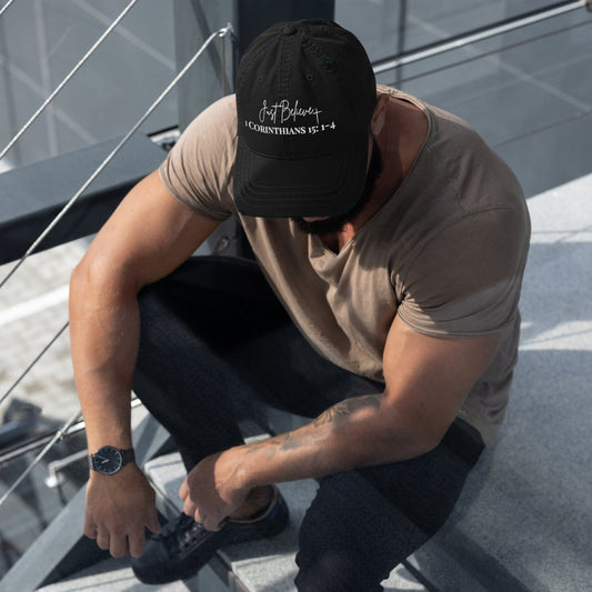 Truth Matters’ 1 Corinthians 15:1-4 Dad Hat with ‘Just Believe’ white embroidery.