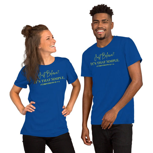 Truth Matters’ 1 Corinthians 15:1-4 T-Shirt with ‘Just Believe’ and gospel message on soft cotton.