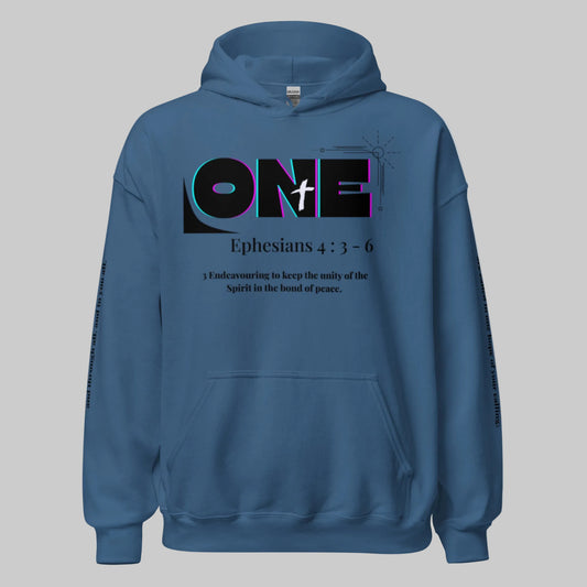 Truth Matters’ One Ephesians 4:3-6 Hoodie front with bold ‘ONE’ and verse 3 KJV on cozy cotton in indigo blue.