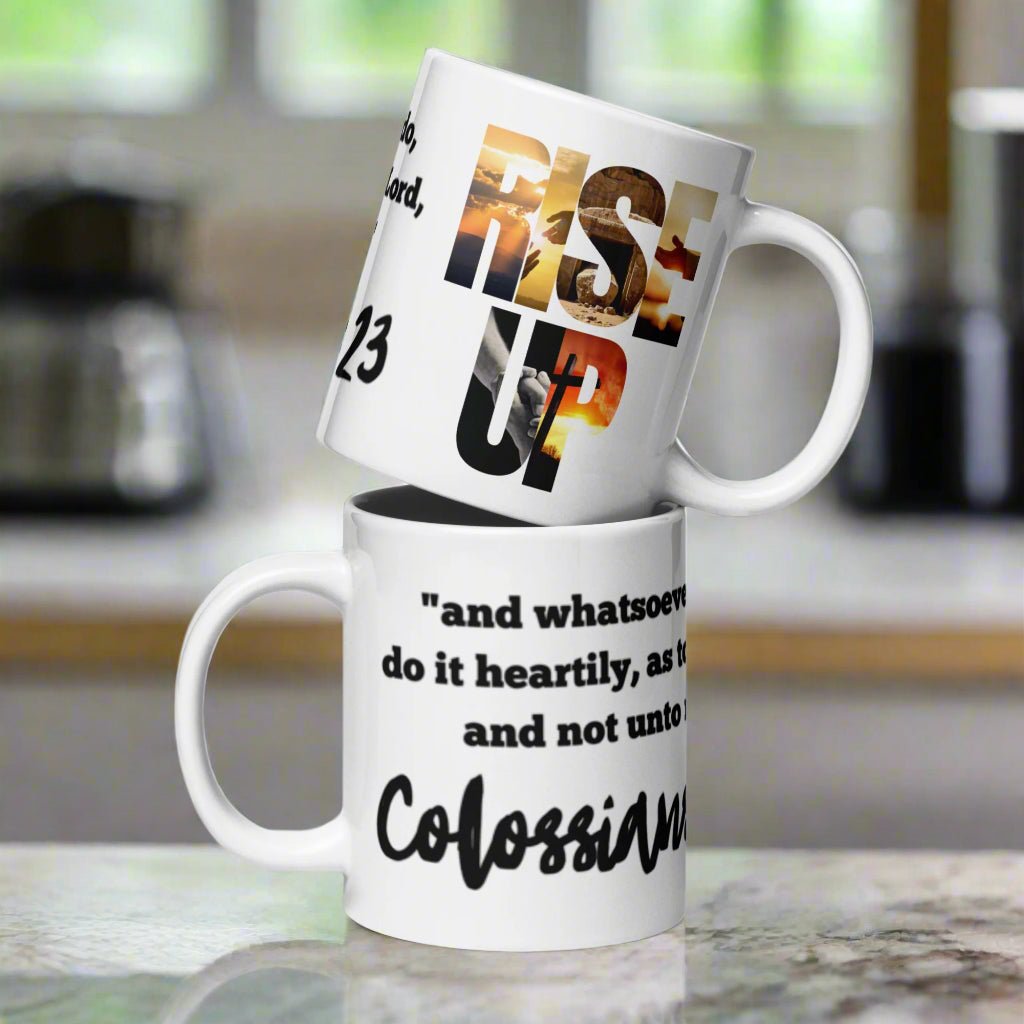 Truth Matters’ Colossians 3:23 Mug with ‘RISE UP’ and scripture wrap on ceramic 20 oz Large.