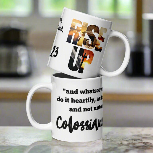 Truth Matters’ Colossians 3:23 Mug with ‘RISE UP’ and scripture wrap on ceramic 20 oz Large.