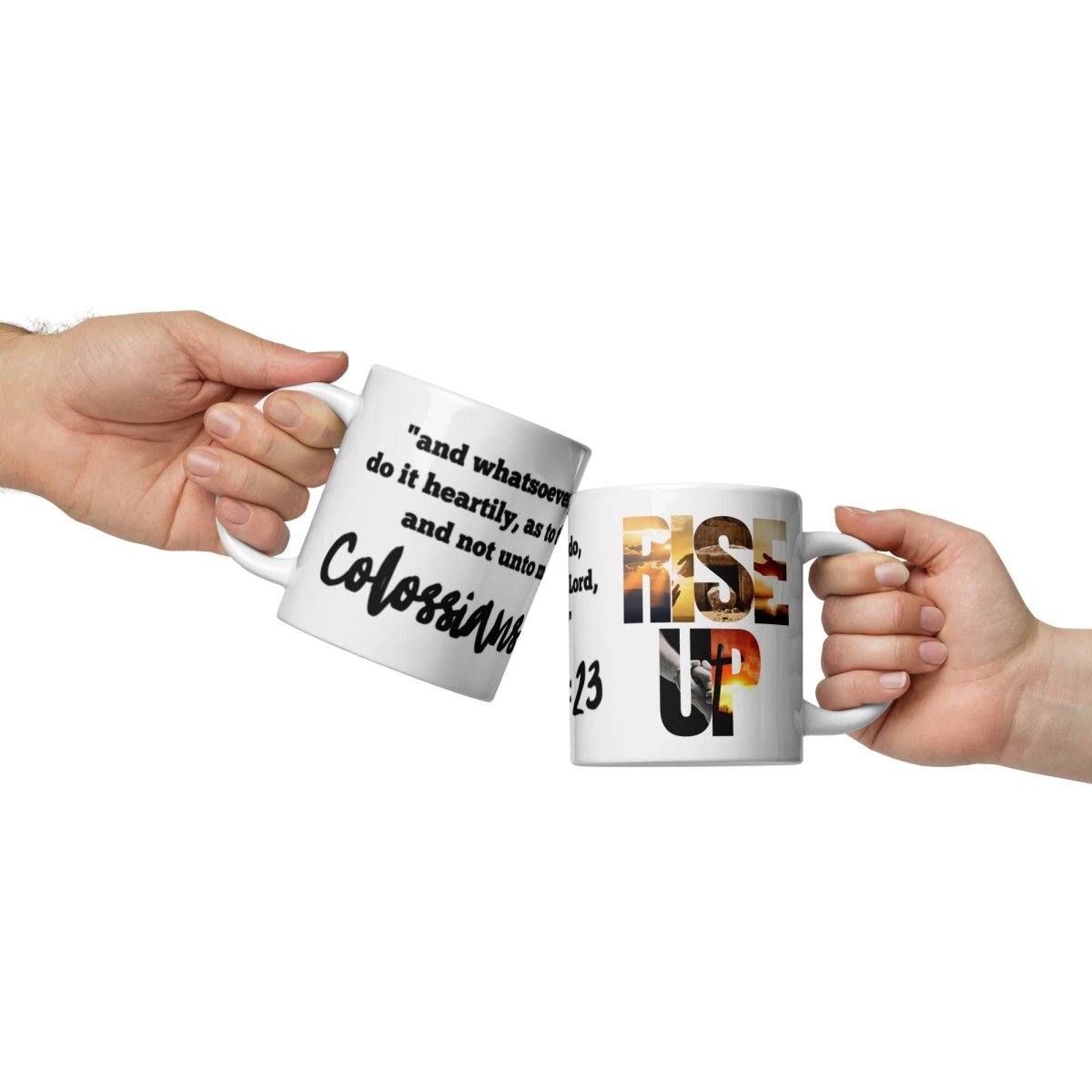 Truth Matters’ Colossians 3:23 Mug with ‘RISE UP’ and scripture wrap on ceramic.