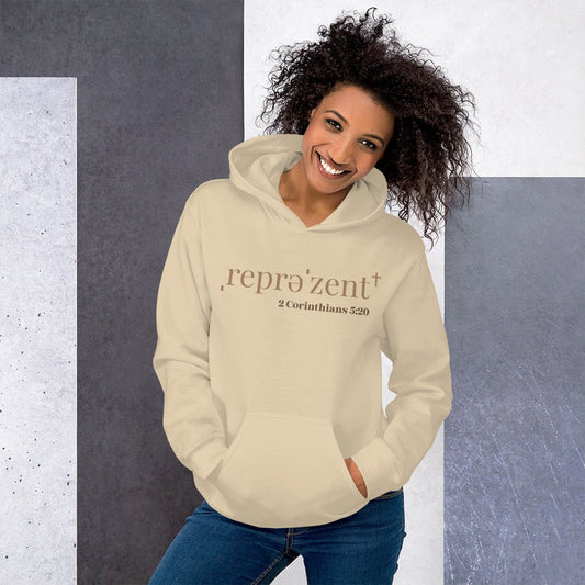 Truth Matters’ 2 Corinthians 5:20 Hoodie with ‘Represent’ cross design in beige and sand. 
