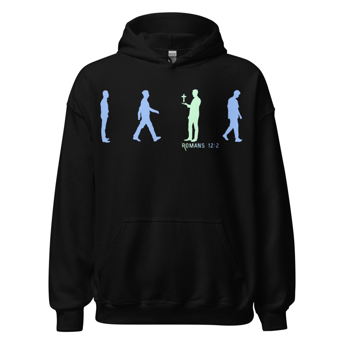Glowing silhouettes of people with a cross and 'Romans 12:2' text on a black background KJV