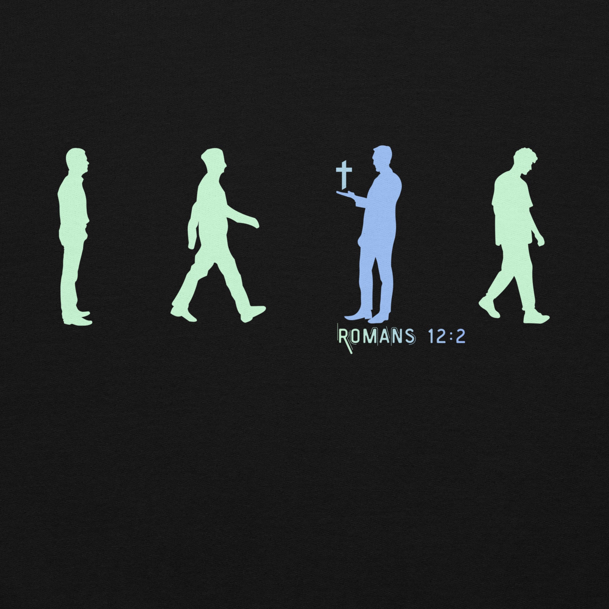 Glowing silhouettes of people with a cross and 'Romans 12:2' text on a black background KJV