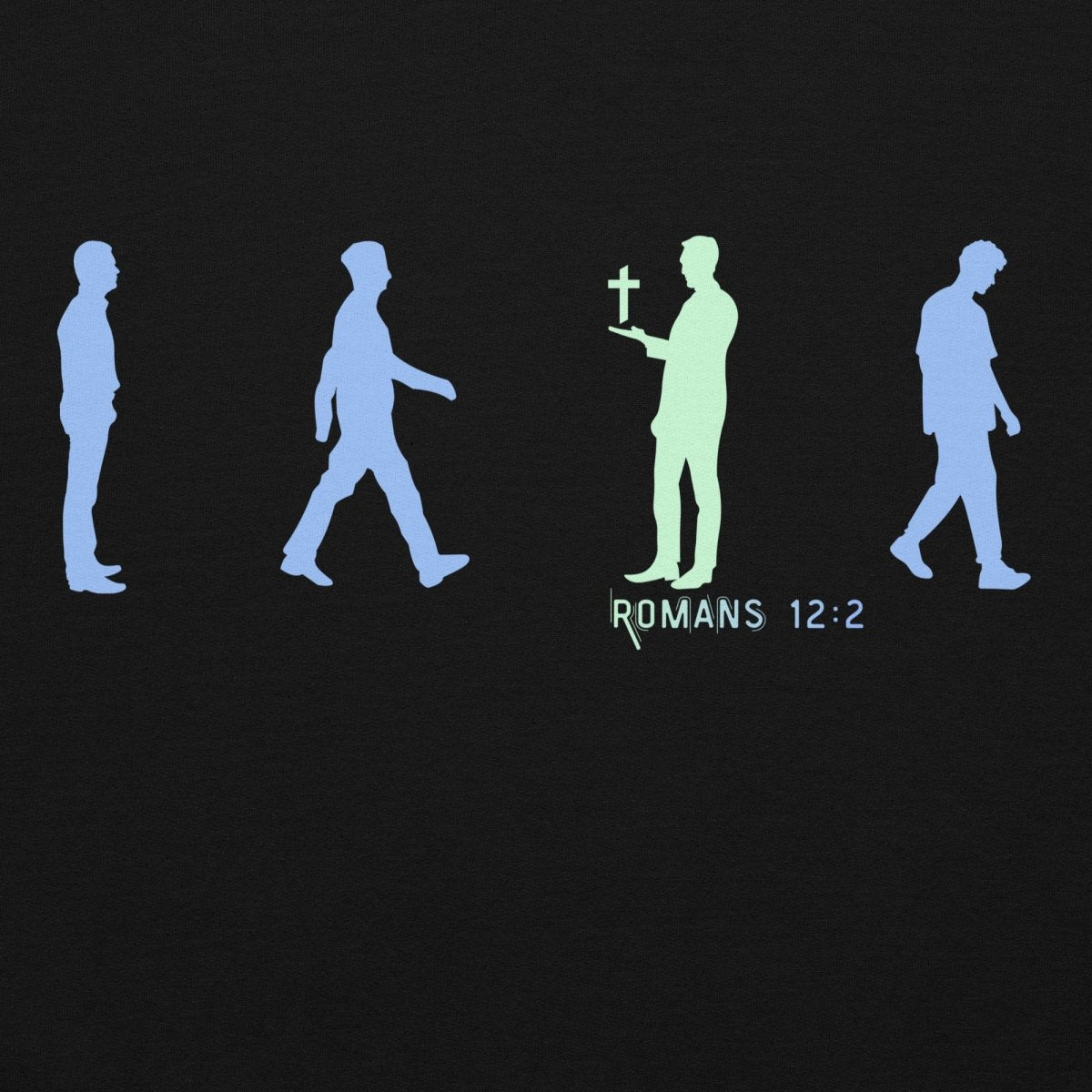 Glowing silhouettes of people with a cross and 'Romans 12:2' text on a black background KJV