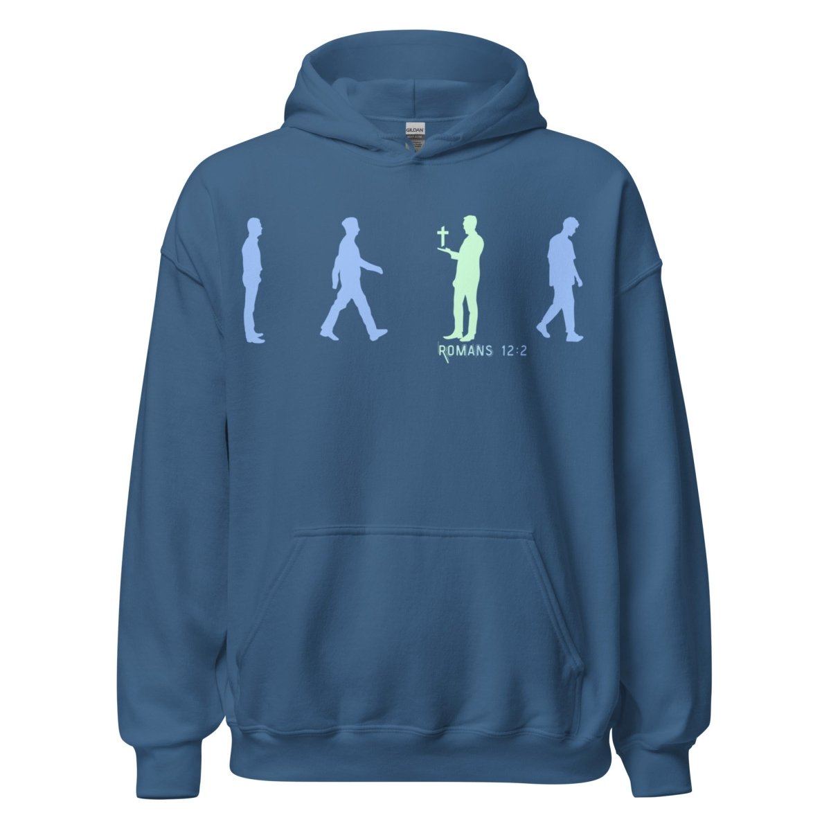 Truth Matters Romans 12:2 Hoodie front with “Be Not Conformed” silhouette design, small cross, and clean typography in Indigo