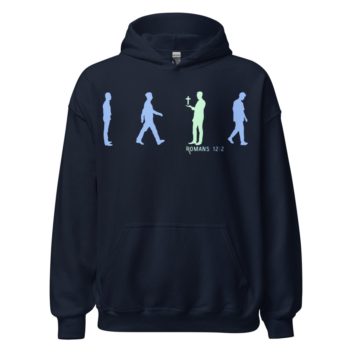 Truth Matters Romans 12:2 Hoodie front with “Be Not Conformed” silhouette design, small cross, and clean typography in navy