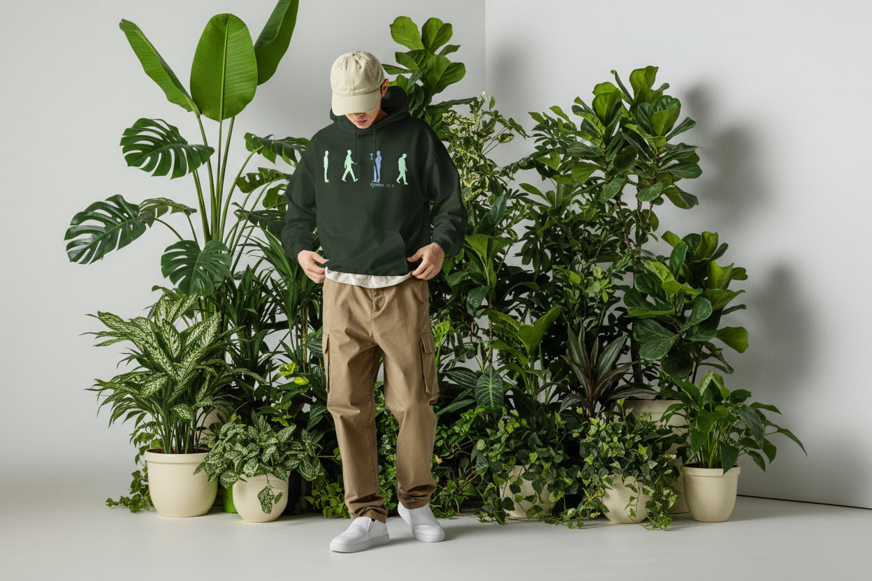 Truth Matters Romans 12:2 Hoodie front with “Be Not Conformed” silhouette design, small cross, and clean typography in forest green