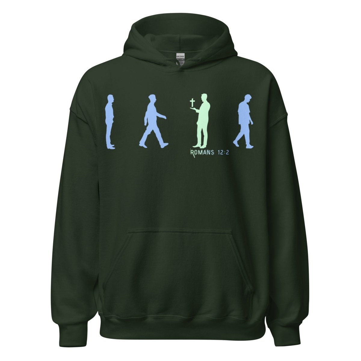 Truth Matters Romans 12:2 Hoodie front with “Be Not Conformed” silhouette design, small cross, and clean typography in Green