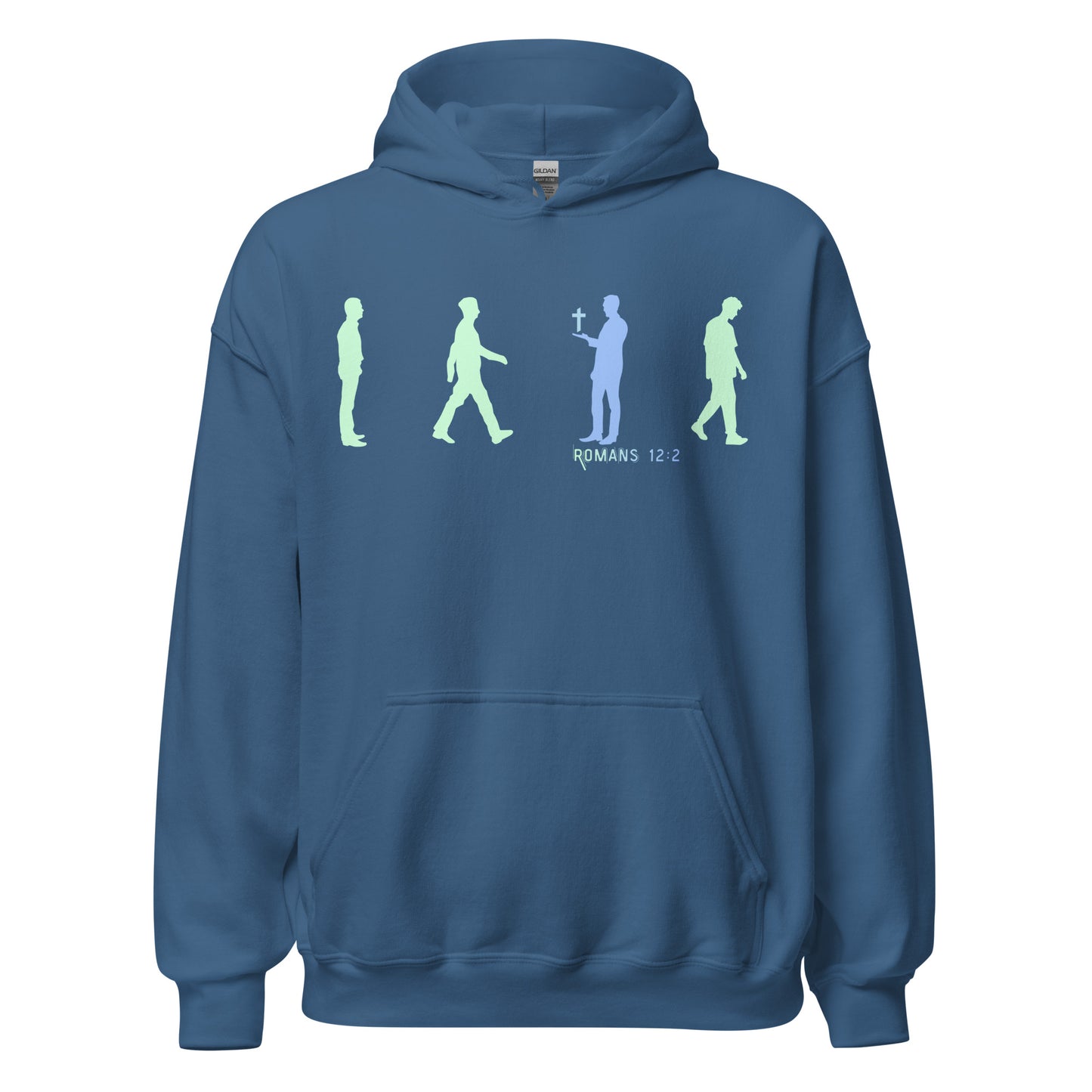 ruth Matters Romans 12:2 Hoodie front with “Be Not Conformed” silhouette design, small cross in blue